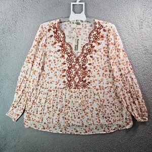 NEW Savanna Jane Top Blouse Women 1X Embroidered‎ Long Sleeve White Red Brown